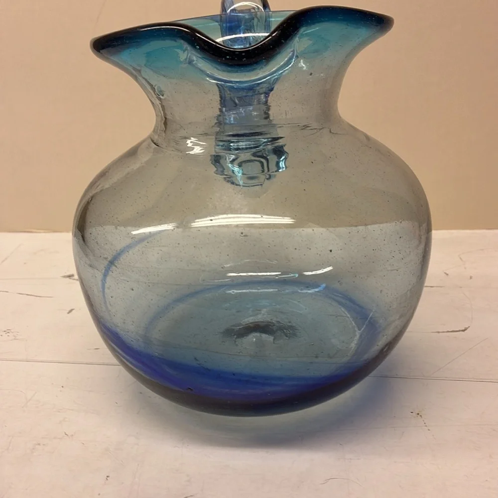 Hand Blown Blue Swirl Pitcher W/ Applied Handle Elegant Blue Glass Pitcher